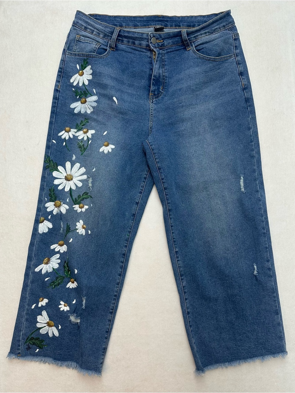 Hand Painted Evaless Jeans NiniJeans Daisies Floral Upcycled Distressed Denim 16
